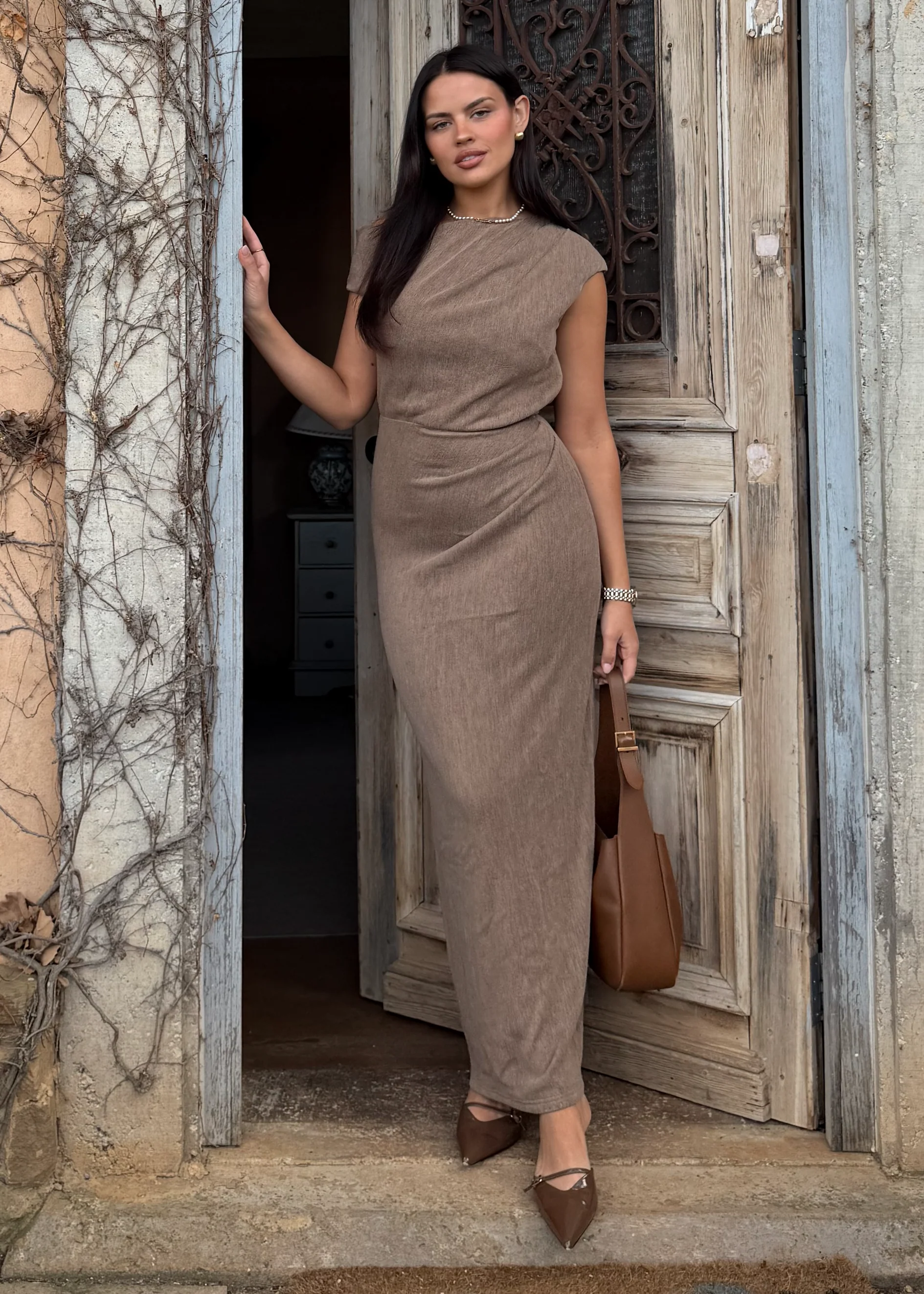 Tarni One Shoulder Maxi Dress - Chocolate - Honorern