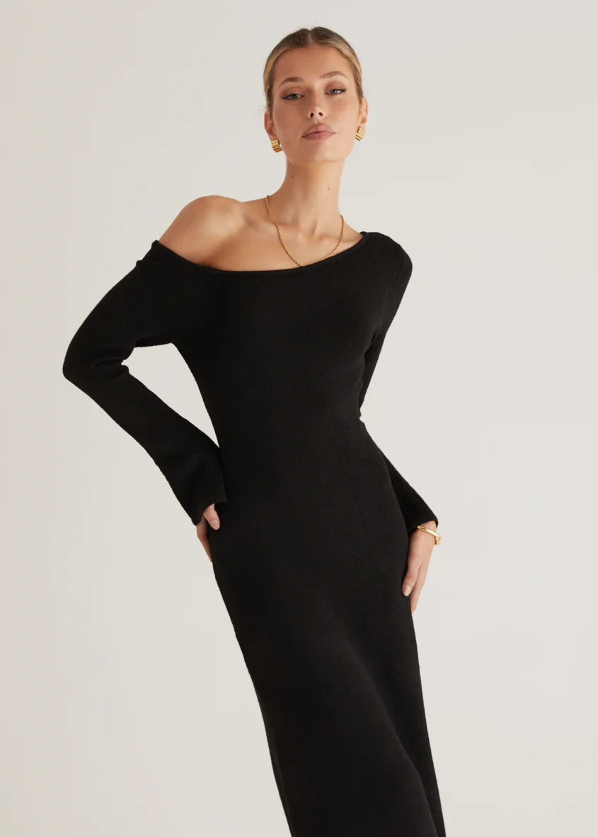 Loco One Shoulder Knit Maxi Dress - Black - Honorern