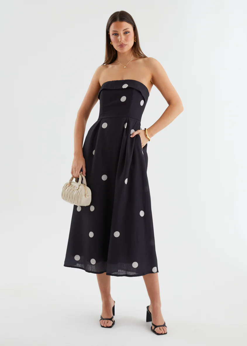 Charlee Strapless Midi Dress - Black Polka - Honorern