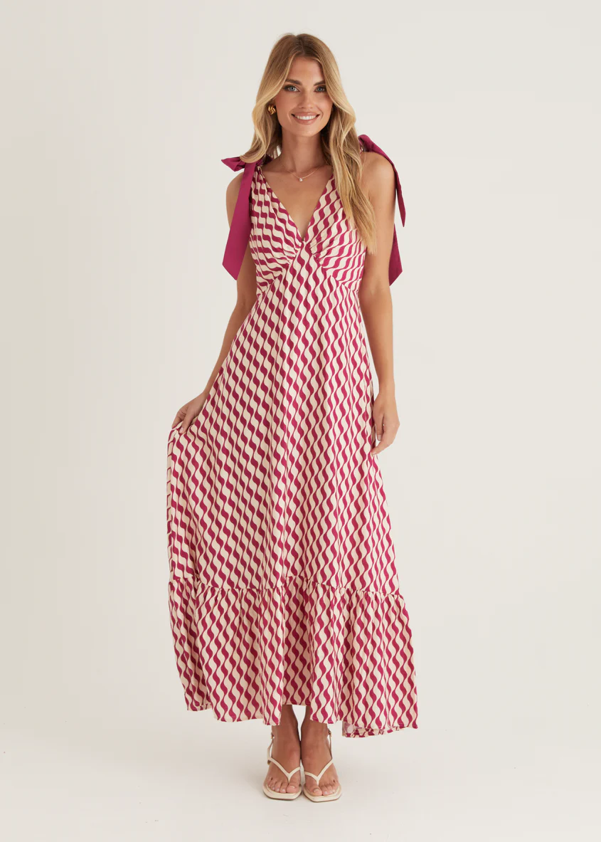 Havannah Tie Midi Dress - Magenta Wave - Honorern