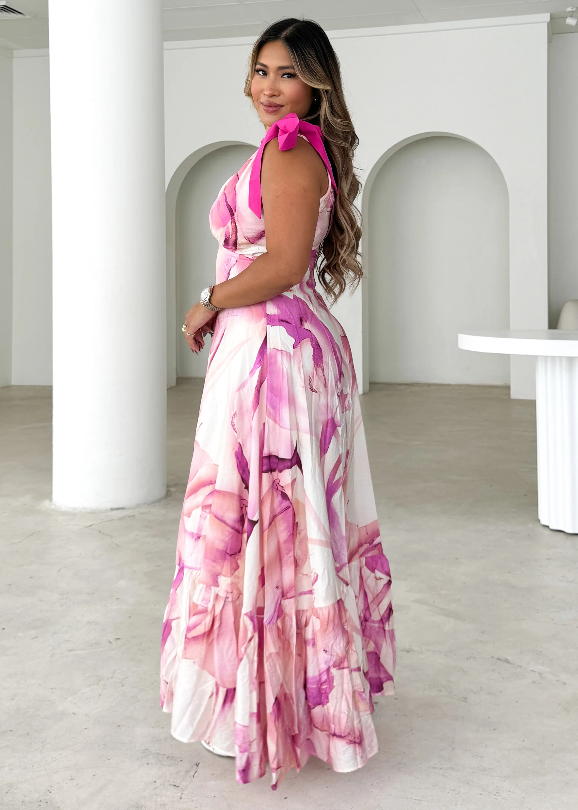 Havannah Tie Midi Dress - Fuchsia Flame - Honorern