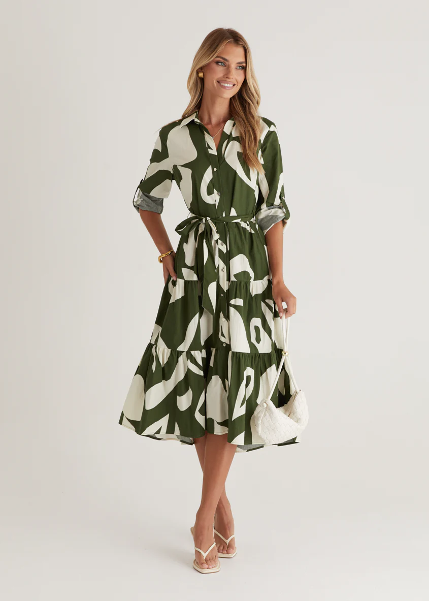 Maybelle Midi Dress - Khaki Leaf - Honorern
