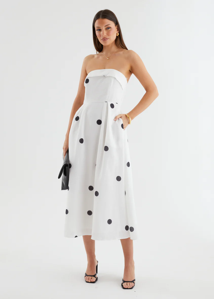 Charlee Strapless Midi Dress - White Polka - Honorern