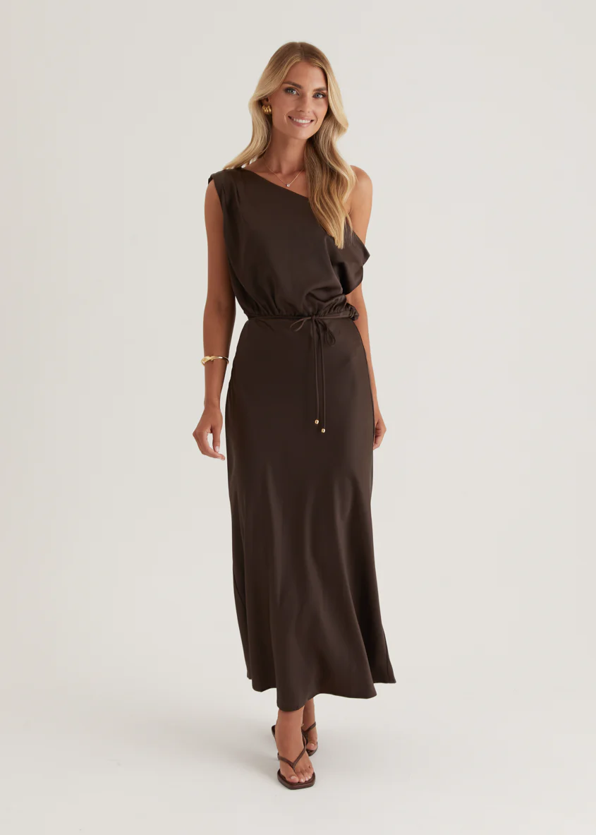 Marisa Drop Shoulder Midi Dress - Chocolate - Honorern