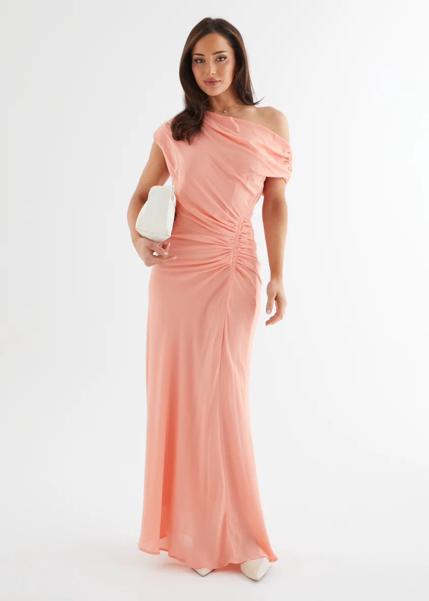 Flirtini One Shoulder Maxi Dress - Peach - Honorern