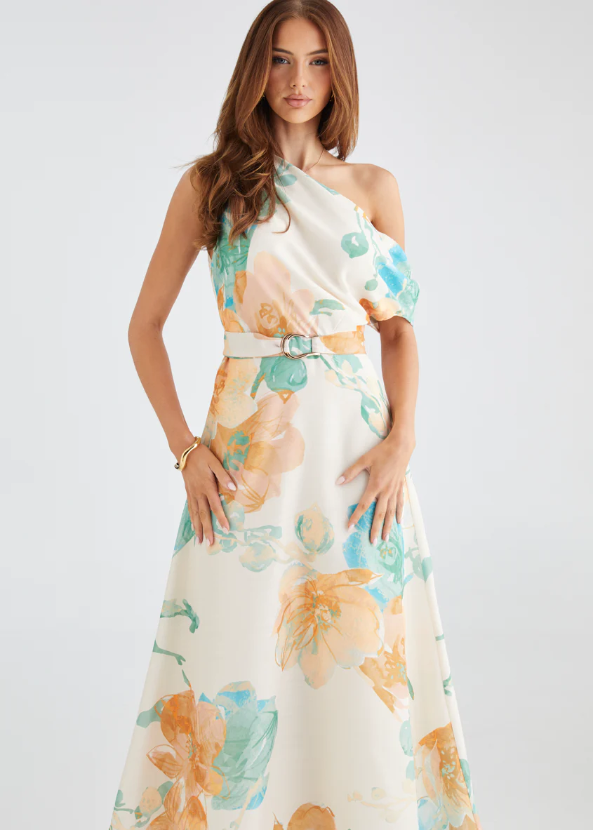 Jacqui Drop Shoulder Midi Dress - Tangerine Floral - Honorern