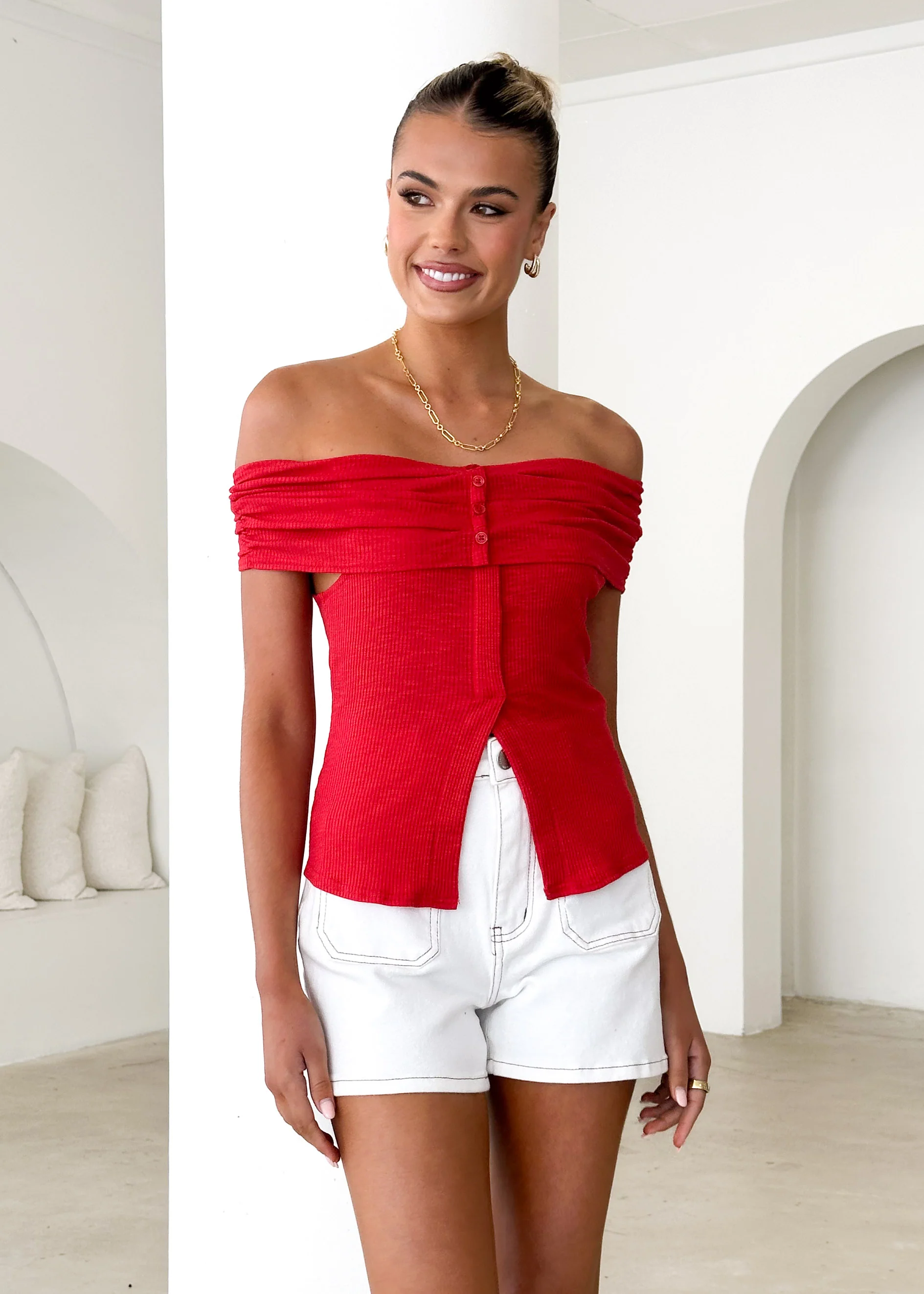 Hewitt Off Shoulder Knit Top - Red - Honorern