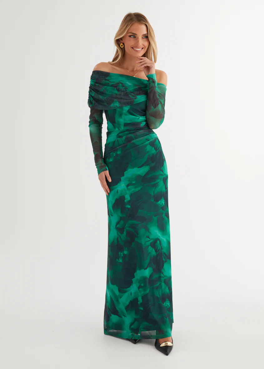 Nix Off Shoulder Maxi Dress - Emerald Watercolour - Honorern