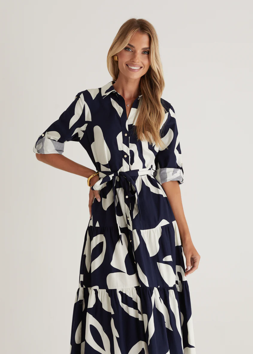 Maybelle Midi Dress - Navy Leaf - Honorern