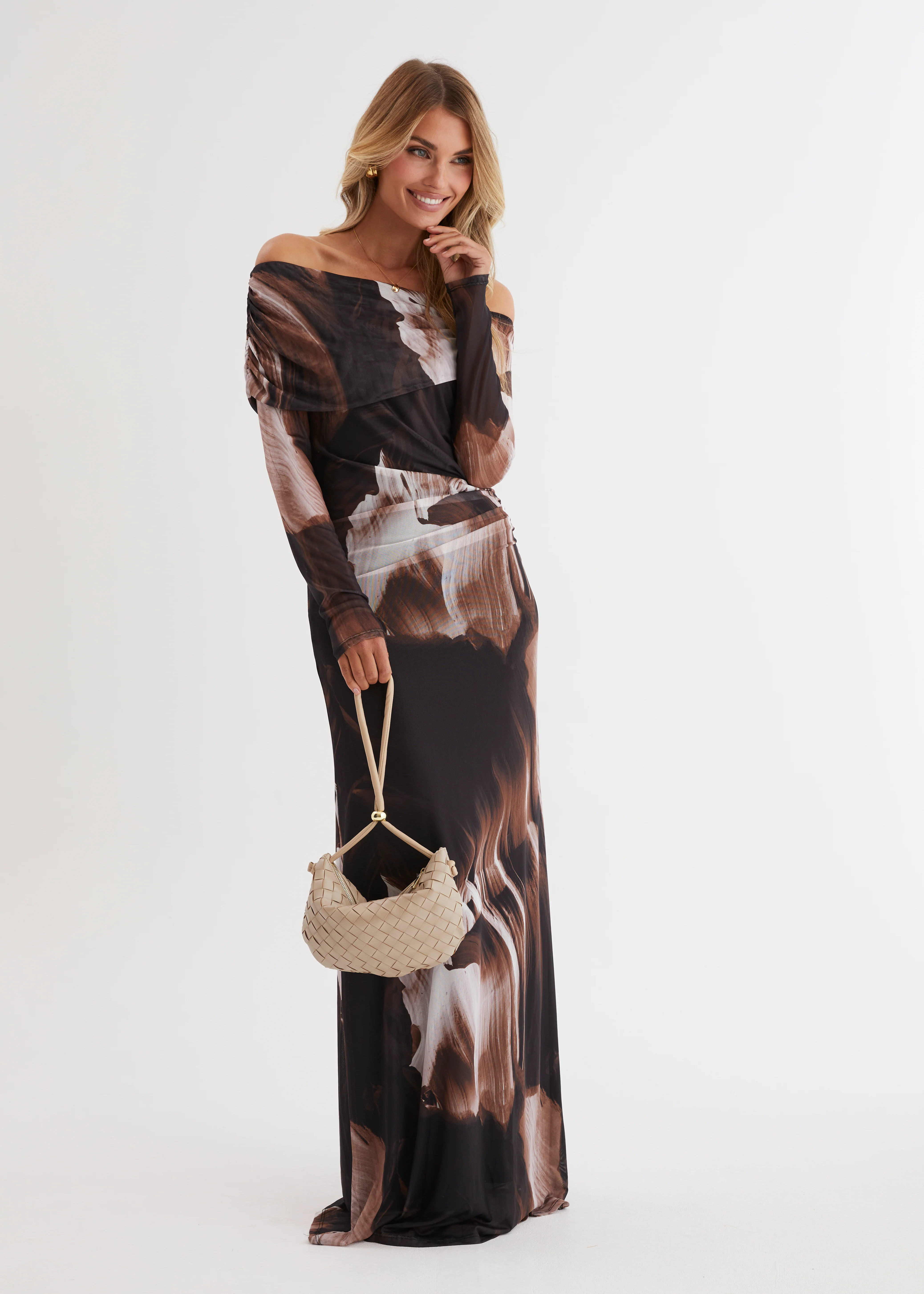 Nix Off Shoulder Maxi Dress - Choc Swirl - Honorern