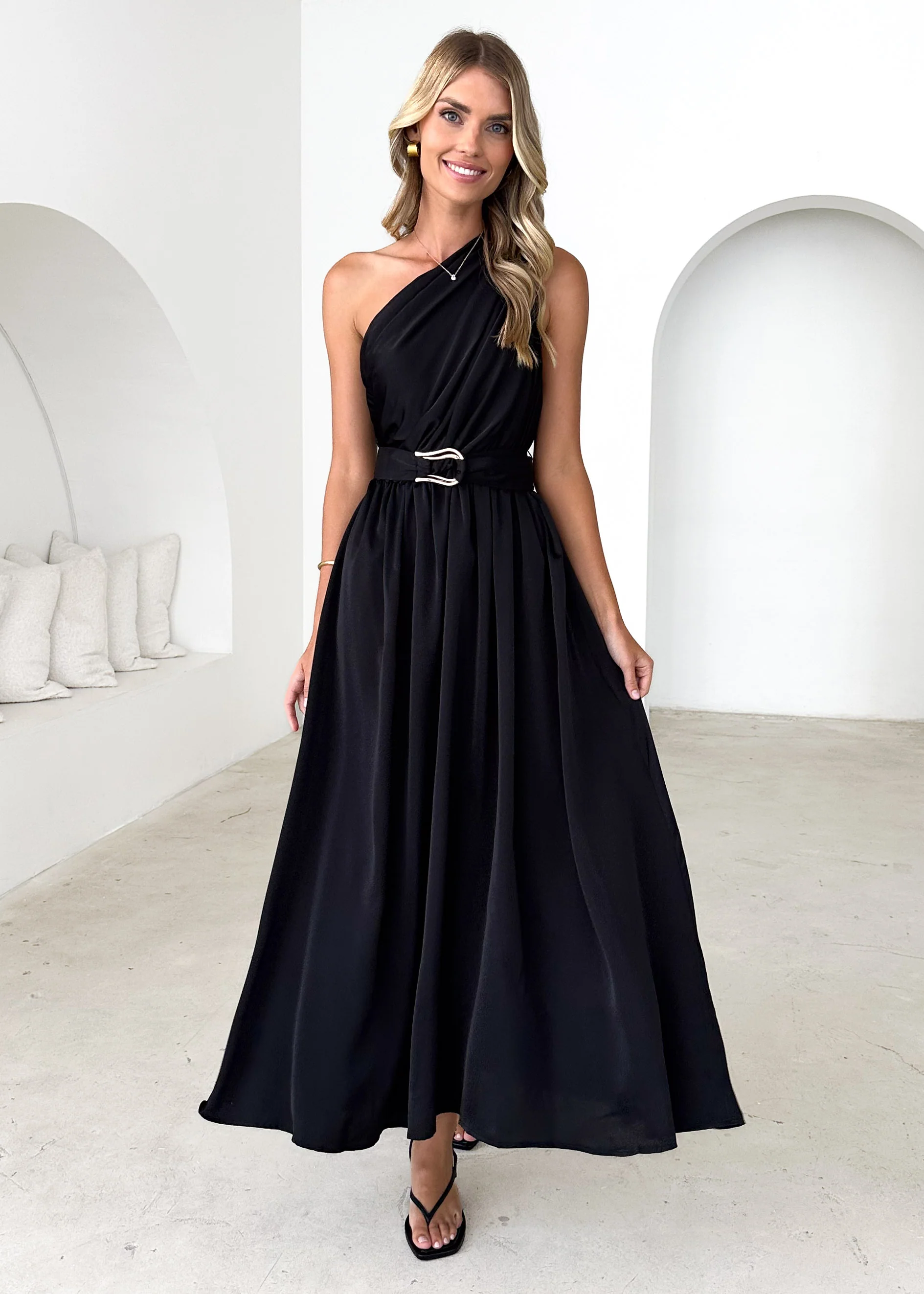 Korah One Shoulder Midi Dress - Black - Honorern