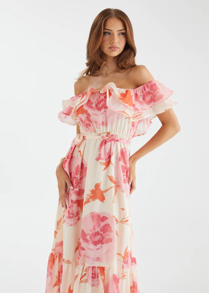 Tarsha Off Shoulder Maxi Dress - Pink Bloom - Honorern