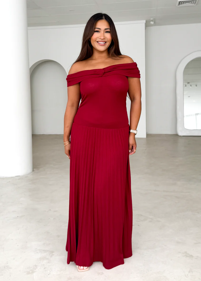 Lottie Off Shoulder Maxi Dress - Burgundy - Honorern
