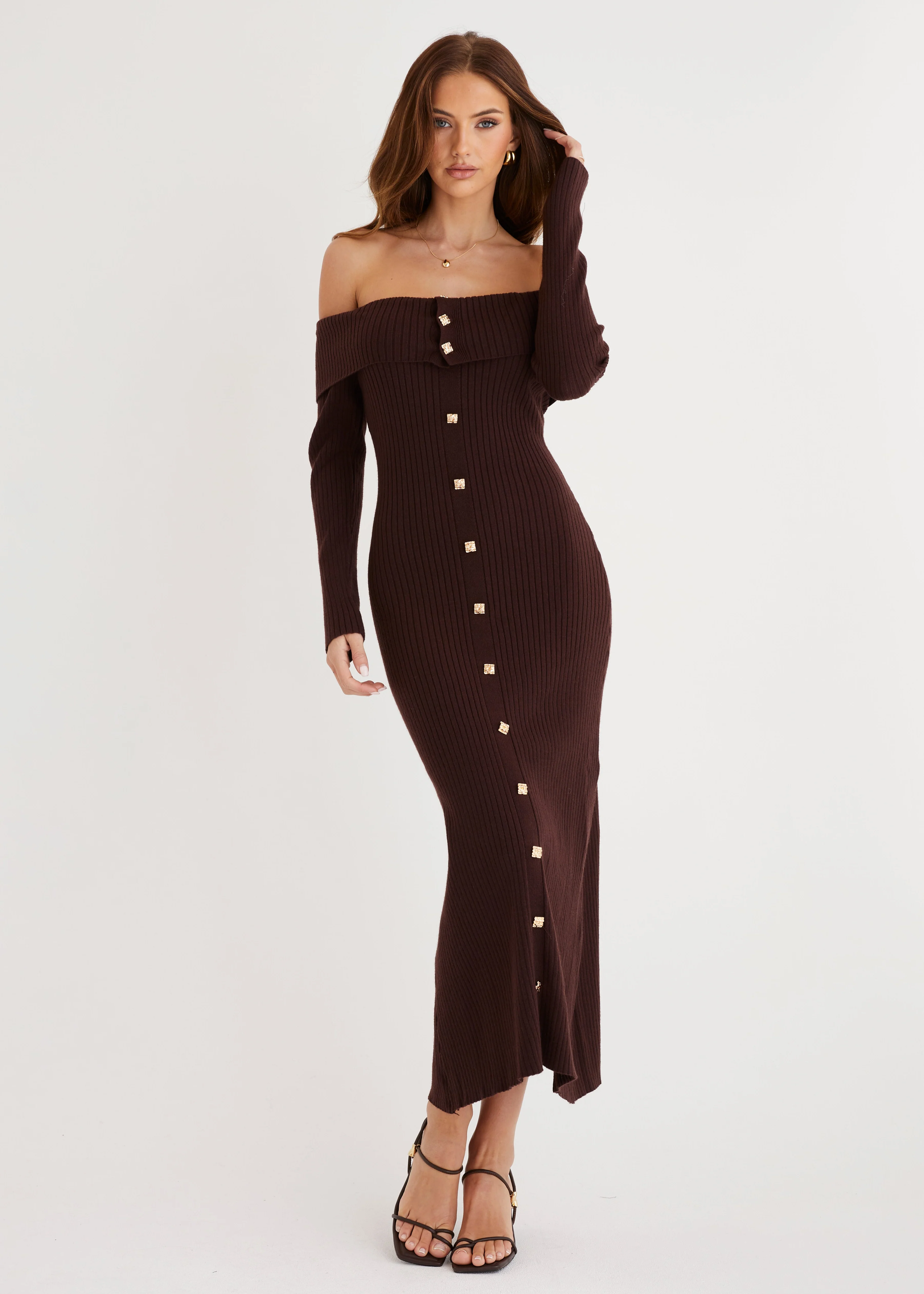 Aloe Off Shoulder Knit Maxi Dress - Chocolate - Honorern