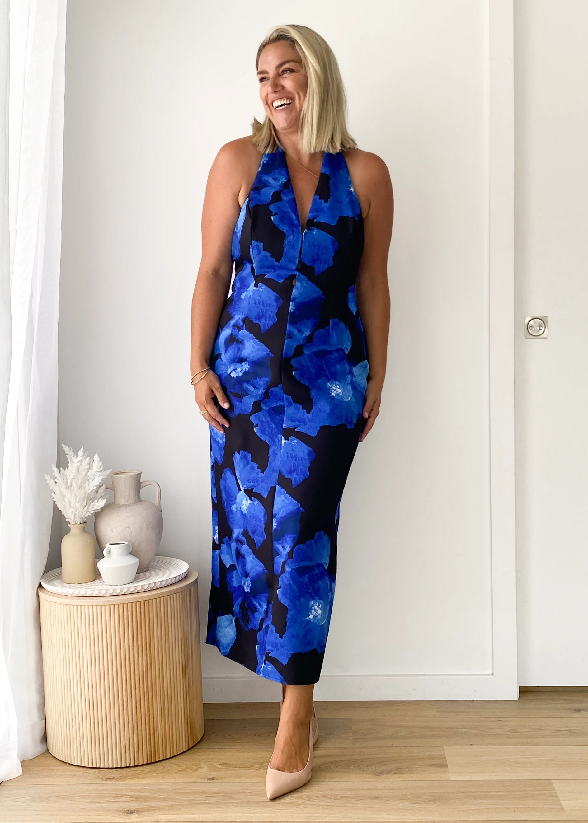 Tibetan Halter Maxi Dress - Blue Floral - Honorern
