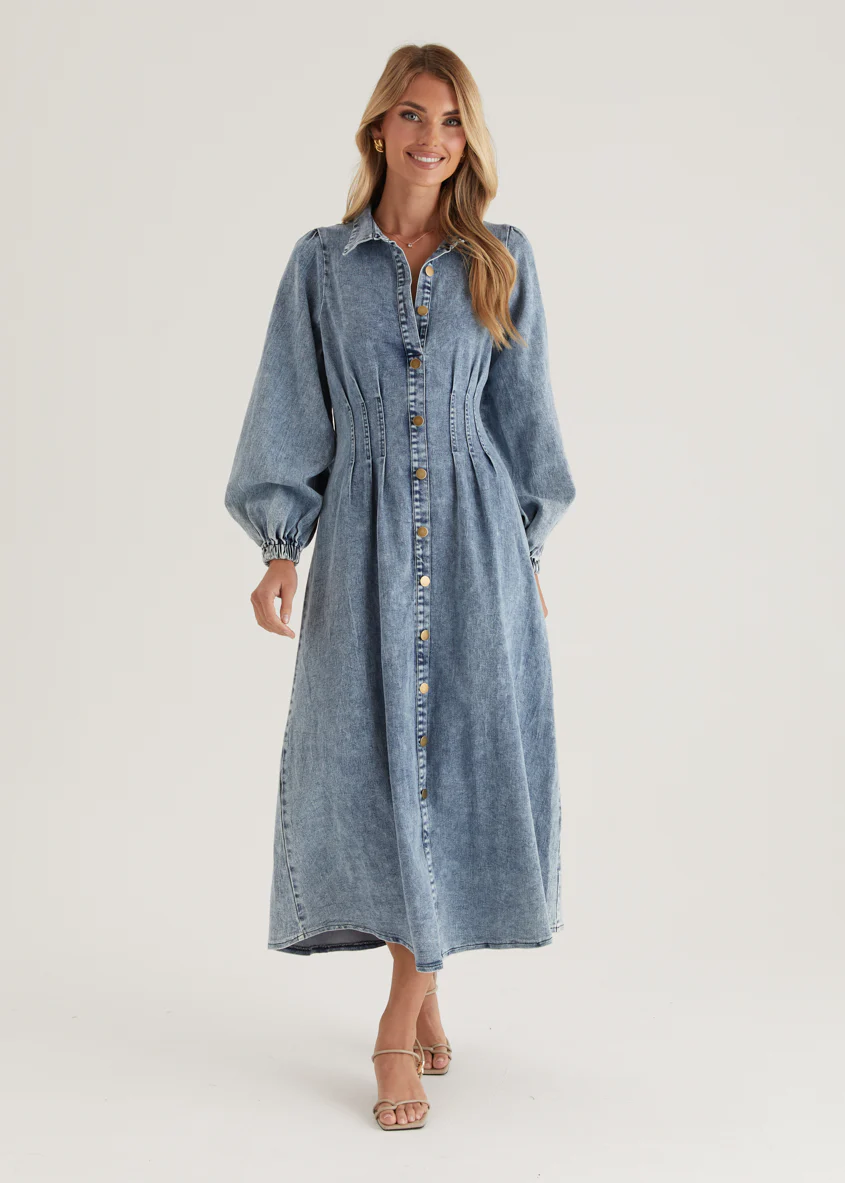 Karliat Denim Maxi Dress - Mid Blue - Honorern