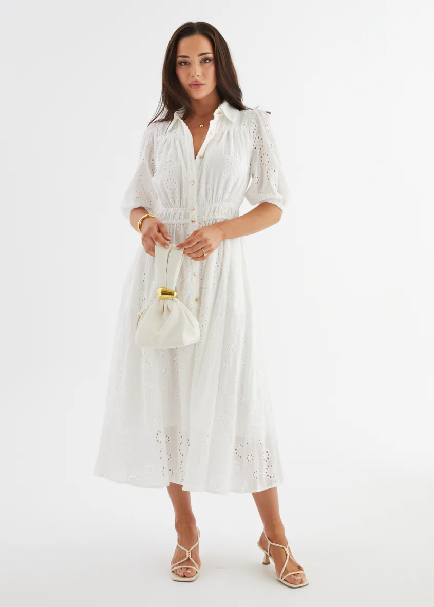 Eryn Midi Dress - White Anglaise - Honorern