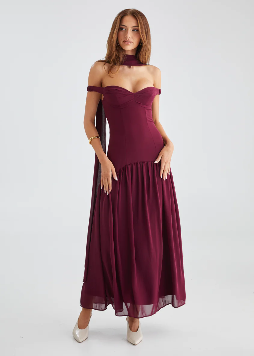 Kirah Off Shoulder Maxi Dress - Wine - Honorern