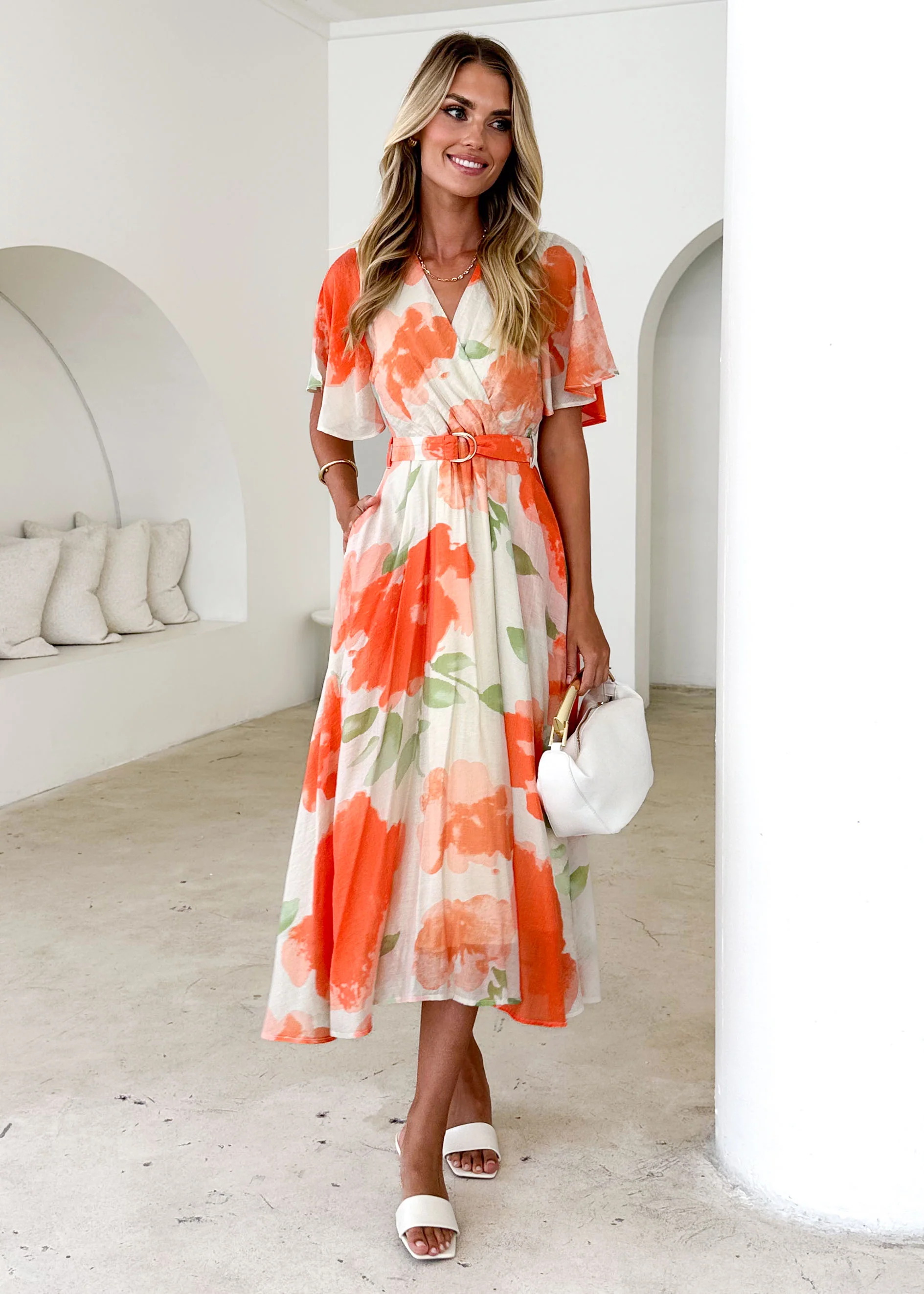 Zanzibar Midi Dress - Orange Watercolour - Honorern