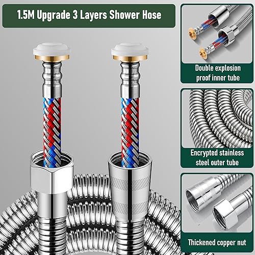 YOXITIXOY Tubo doccia in acciaio inox a 3 strati, anti-piega e a prova di perdite, resistenza ad alta pressione, facile sostituzione fai da te, connessione universale G 1/2 (LG-1,5 m) - Honorern