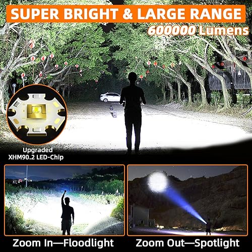 Torcia LED Potente Professionale,500000 Lumens Ricaricabile USB Torce LED Alta Potenza Con Batteria 5000mAh,XHP70.2 Tattica Militare Torcia Elettrica,IP67 Impermeabile 5 Modalità Campeggio Trekking - Honorern