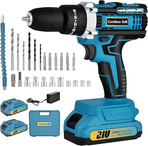 Trapano Avvitatore Batteria 21V,Trapano Avvitatore a Percussione,Cacciavite Elettrico 45N.m,Regolazione Della Coppia 25+3,Con Batterie 2*2.0AH, 2 Velocità,Set Trapano a Batteria 24 Accessori - Honorern