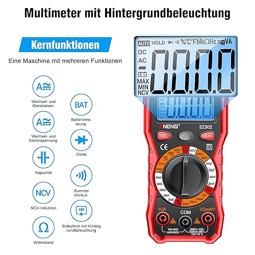 Misuratori multimetro digitale: 2000 conteggi voltmetro voltmetro con retroilluminazione per misurare la tensione AC/DC corrente resistenza capacità rilevamento NCV - Honorern