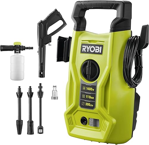Ryobi RY110PWA, Idropulitrice 1400W 110 bar, Leggera e Compatta, con Maniglia per il Trasporto, Portata Massima di 390 L/h, 1400W - Honorern