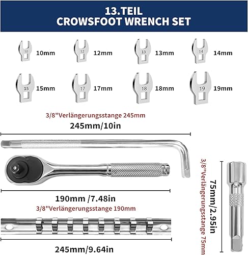 Set di 12 chiavi a pedale con chiave dinamometrica da 3/8', adattatore 75 mm, asta di prolunga portatile, chiave a L, telaio - Honorern
