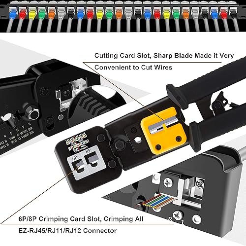 MAYLINE Pinza Crimpatrice RJ45 Strumenti Kit di Rete Professionali LAN Tester, RJ11/RJ12 Crimping Toolper Cavi di Rete a Crimpare Crimpatrice per Cavo di Rete 8P6P, Cirmpatura CAT5 CAT6(Giallo) - Honorern