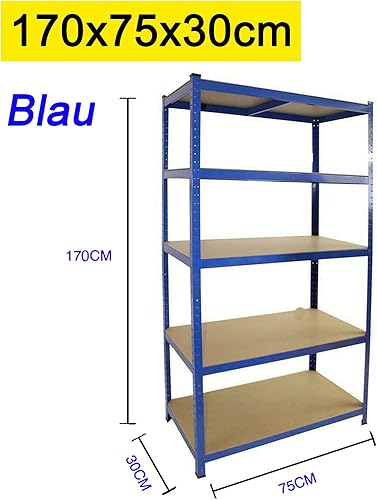 Scaffalatura per cantina con 5 ripiani regolabili, 170 x 75 x 30 cm, portata fino a 875 kg, senza bulloni, facile da montare per garage, officina, dispensa, colore: blu - Honorern
