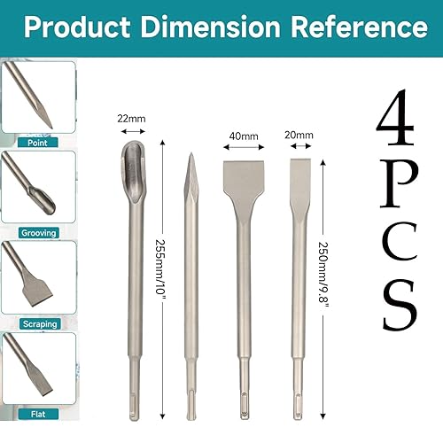Set di 4 scalpelli SDS Plus, scalpello SdS, scalpello, scalpello per piastrelle, SDS Plus, scalpello, set di scalpelli SdS, set per martello perforatore, 1 scalpello a punta, 1 scalpello piatto da 20 - Honorern