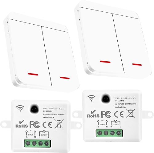 Interruttore senza fili: 433 MHz + WiFi, senza fili, illuminazione radio, interruttore RF e ricevitore (2 interruttori, 2 ricevitori) - Honorern