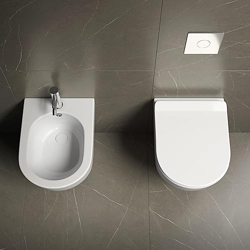 Sanitari sospesi Installazione a Muro Vaso WC Rimless, Bidet e Sedile termoindurente con Chiusura rallentata - Honorern