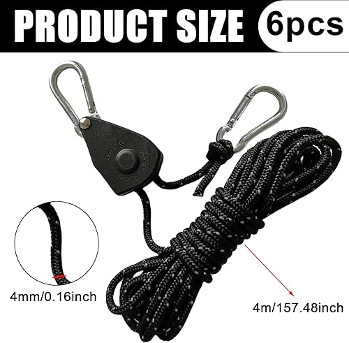 6 pezzi da 4 mm per corda a cricchetto, 4 m, gancio regolabile per corda da 1/8 pollici, riflettente, corde di tensionamento leggero, corda con tenditore per tenda, tenda da campeggio - Honorern