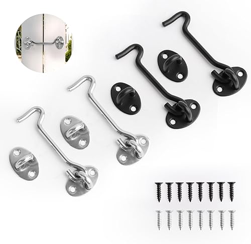 Gancio e Occhio in Acciaio Inox, 4 Pezzi Gancio Anti Tempesta Scorrevole, 100mm Gancio Finestra con Viti di Montaggio, Gancio Per Porta Capannone Fienili, Gancio per Cancello e Chiusura a Occhiello - Honorern