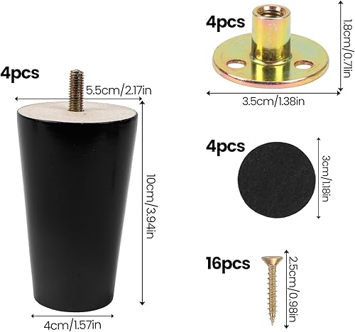 4 pezzi 15 cm Gambe per Mobili in Legno Conico Ferroso per Tavolo Divano Mobili di ricambio con Viti per Piastra di Montaggio e Protezione Antiscivolo, Nero - Honorern