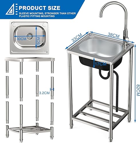 Lavello da esterno Lavello in Acciaio Inox Autoportante Lavandino Cucina 1 vasca Multifunzione con Rubinetto per Cucina, Giardino, Ristorante, Bar, Caffè, Garage (33 * 38 * 82CM) - Honorern
