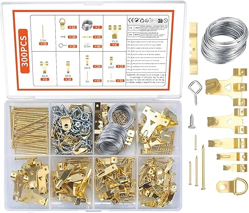 300 Pezzi Ganci per Appendere Quadri, Ganci in Metallo per Appendere Cornice per Foto Muro, con Chiodi, Occhi a Vite, Anelli a D, Supporti Appendiabiti Pesanti Kit - Honorern