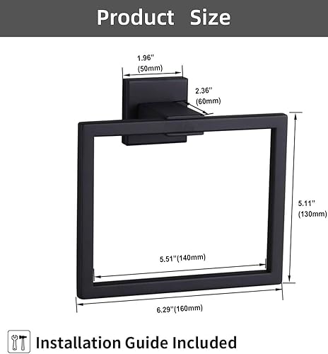 Portasciugamani ad anello quadrato in acciaio inossidabile per bagno Vanity Towel Hanging Ring Porta asciugamani per bagno Porta asciugamani da parete - Anello per asciugamani nero - Honorern
