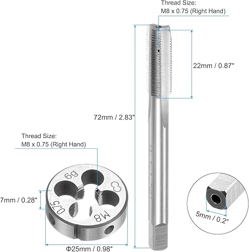 Set di 3pz Maschi e Filiera Metrici a Mano, M8 x 0.75 Maschi con Filettatura Conica/Tappo e Filiere Rotondo, Kit di Attrezzi Filettatura a Mano per Riparazione Filetti - Honorern