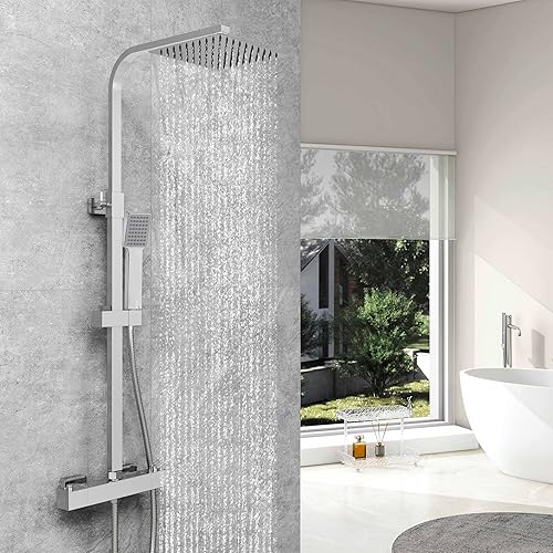 AICA ITALY ASTA DOCCIA con Soffione e Doccetta Quadrati Anticalcare, Colonna Doccia con Miscelatore Termostatico, Saliscendi Doccia Regolabile 73-117cm - Honorern