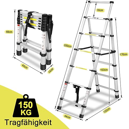 Scala telescopica 1,7 m + 2 m, telaio ad A, 6 + 7 gradini, in alluminio, antiscivolo, scala a pioli, design telescopico, portata massima 150 kg - Honorern