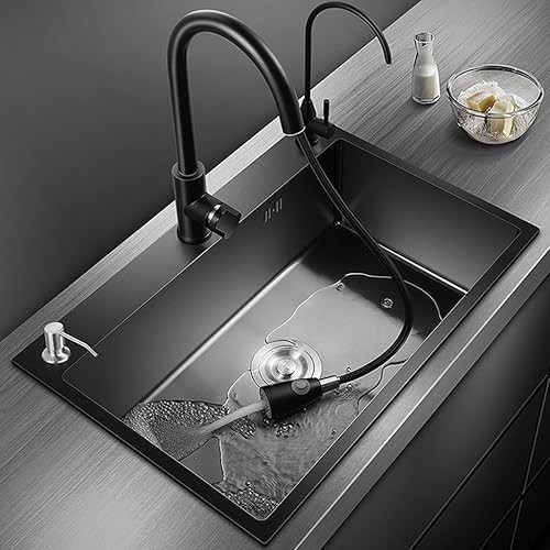 Lavandino da cucina nero in acciaio inox, 1 vasca, con accessori scorrevoli, con diversi accessori (80 x 45 cm) - Honorern