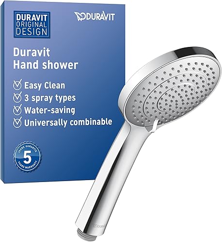 Duravit Universal Doccetta a mano, Doccia con 3 tipi di getto (Rain, Intense Rain, Soft Rain), Doccia a mano rotonda (Ø 110 mm), Doccetta con funzione MinusFlow a risparmio idrico, Cromo - Honorern