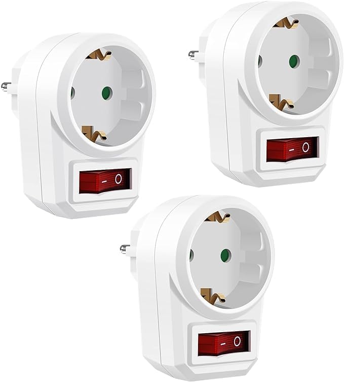 3 prese con contatto di protezione, adattatore per prese, spina intermedia con interruttore, presa commutabile, adattatore con sicurezza per bambini, connettore Schuko fino a 3680 Watt, - Honorern