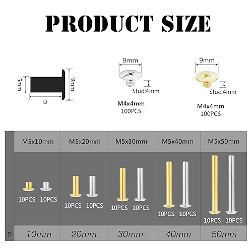 100 Set Chicago Vite per Rilegatura Kit Assortito, 5 Taglie Metallo Rotondo Testa a Croce Stud Vite Post Chiodo Rivetto Pulsante Chicago per Decorazione in Pelle Cintura Legatoria - Honorern