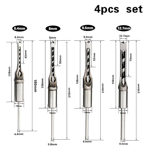 Set di 4 punte per trapani per legno, Punte Quadrate per Trapano, Trapano foro Quadrato Mortasatrice Scalpello, Taglierina per Fori, Corredo per la lavorazione del legno(1/4, 1/2, 5/16, 3/8) - Honorern