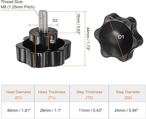 4 Pezzi Pomelli a Stella M8 x 55mm Vite Filettata in Acciaio Inossidabile 304, 46mm Manopola Zigrinata Vite a Testa Zigrinata a 6 Stelle Plastica Impugnatura Manopola, Nero - Honorern
