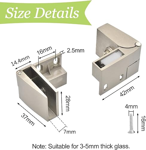 cerniera per porta in vetro, 2 pezzi in lega di zinco senza cornice per porte in vetro, 90 gradi, cerniera con morsetto per vetro con viti, per vetro spesso 3-5 mm (spazzolata) - Honorern